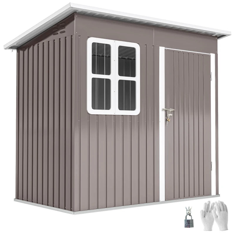 7' x 4' Galvanised Steel Outdoor Storage Shed, Garden Shed with Window, Lockable Wide Door and Air Vents, Warm Grey