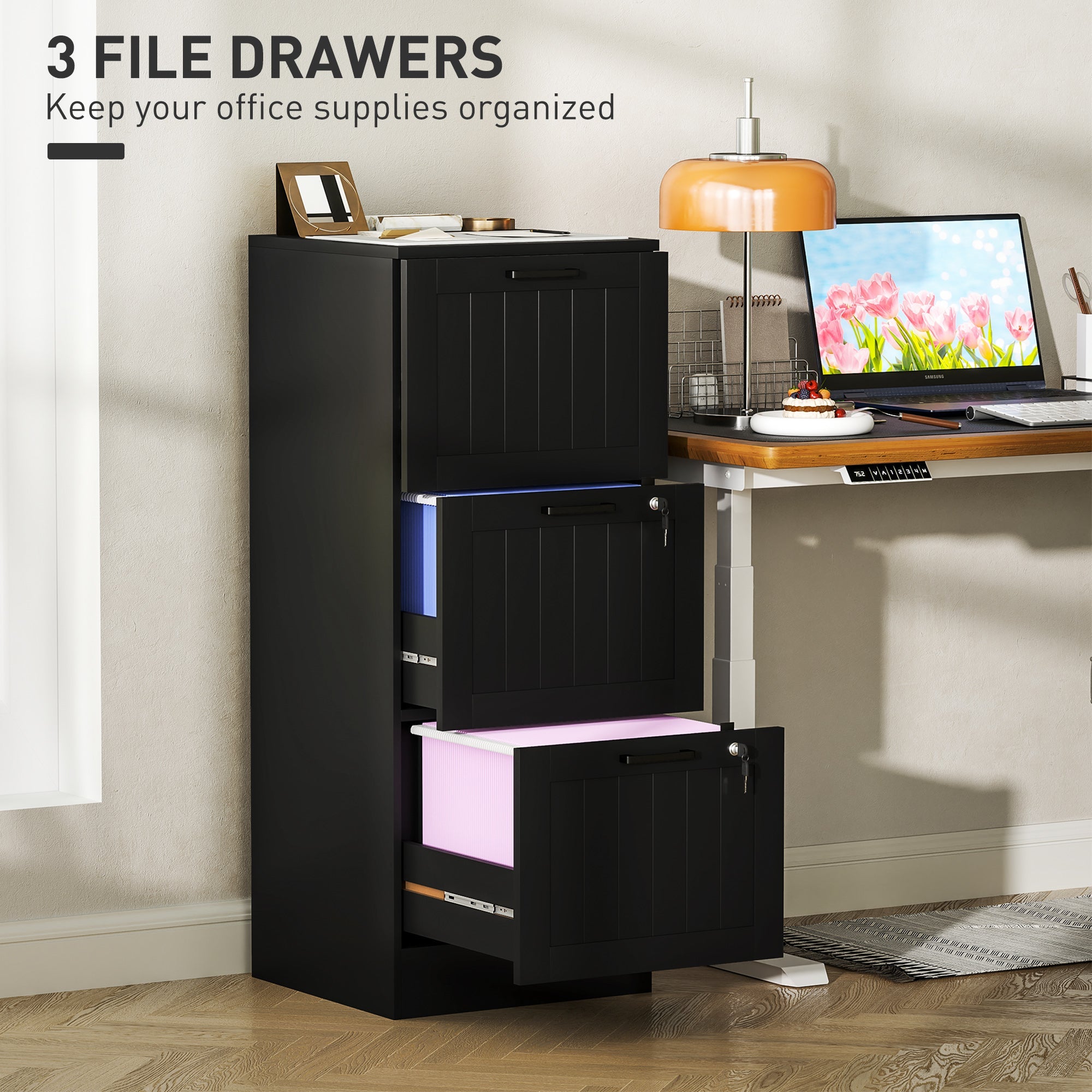HOMCOM 3 Drawer Filing Cabinet with Lock, Office Storage Cabinet with Adjustable Hanging Bars for A4 Letter Size Files, Black 