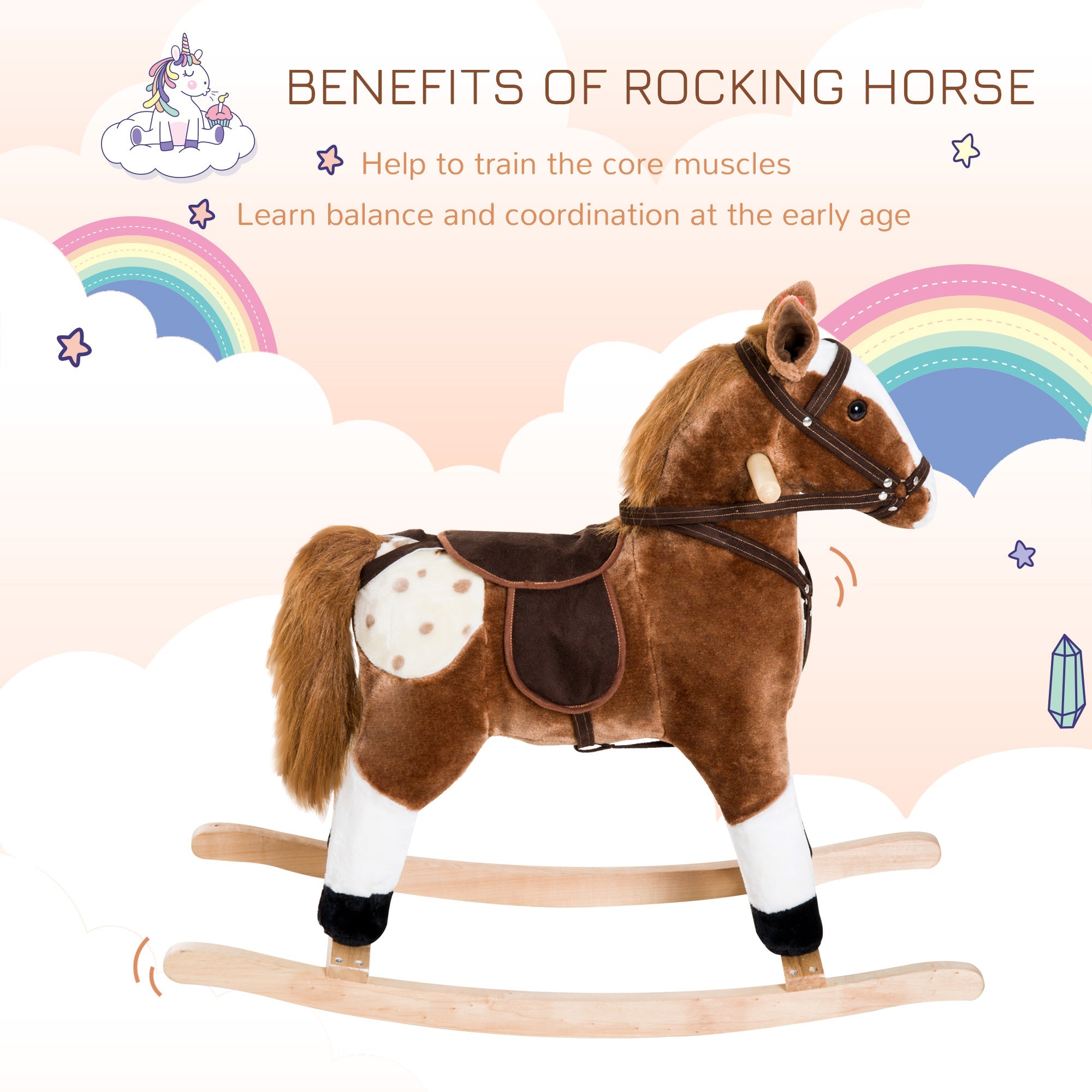 Qaba Kids Rocking Horse Plush Ride-On Toy Realistic Sounds Soft Brown Rocker Toddler Gift 
