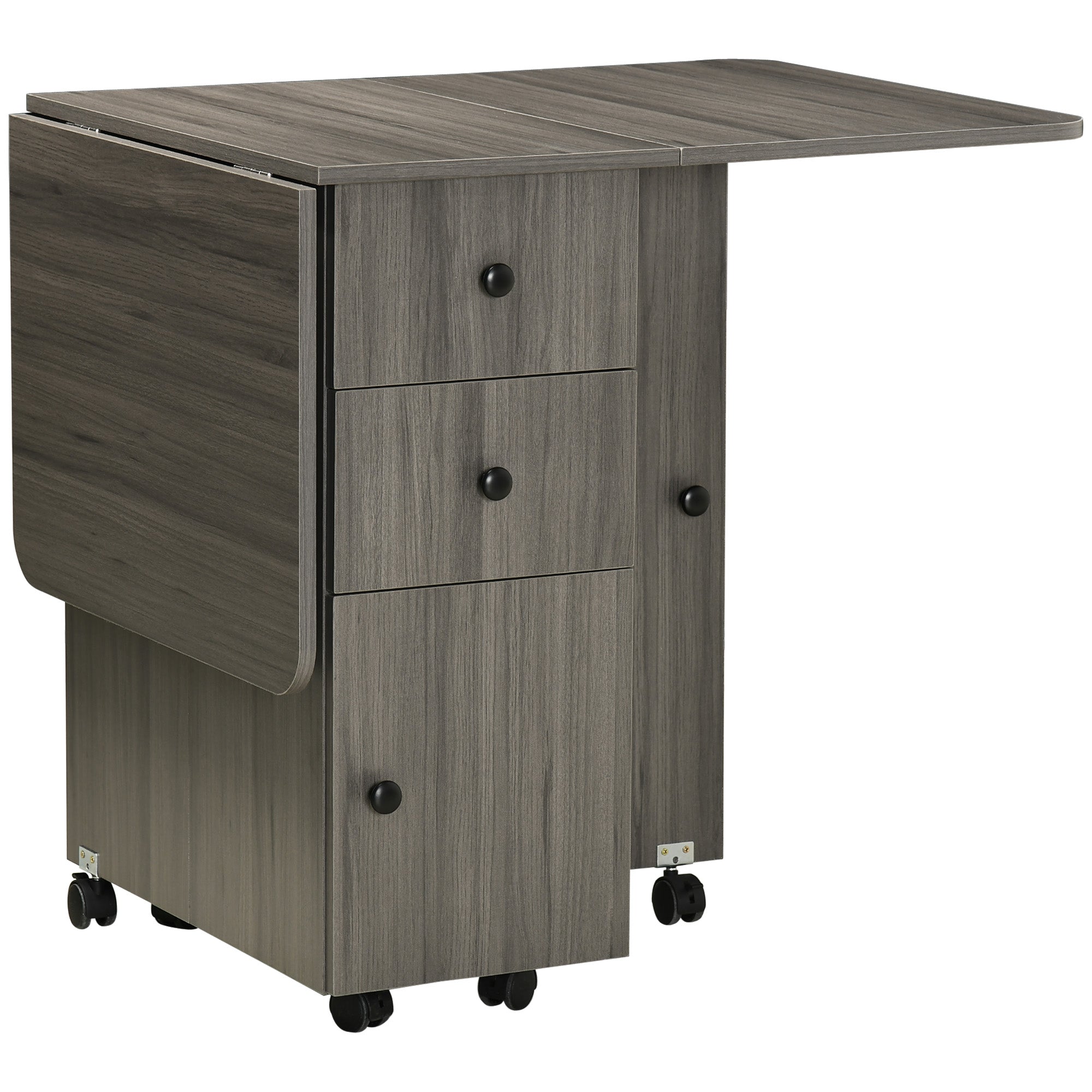HOMCOM Foldable Rolling Kitchen Table with Storage Drawers Cabinet Drop Leaf Table on Wheels Grey 
