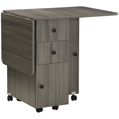 HOMCOM Foldable Rolling Kitchen Table with Storage Drawers Cabinet Drop Leaf Table on Wheels Grey 