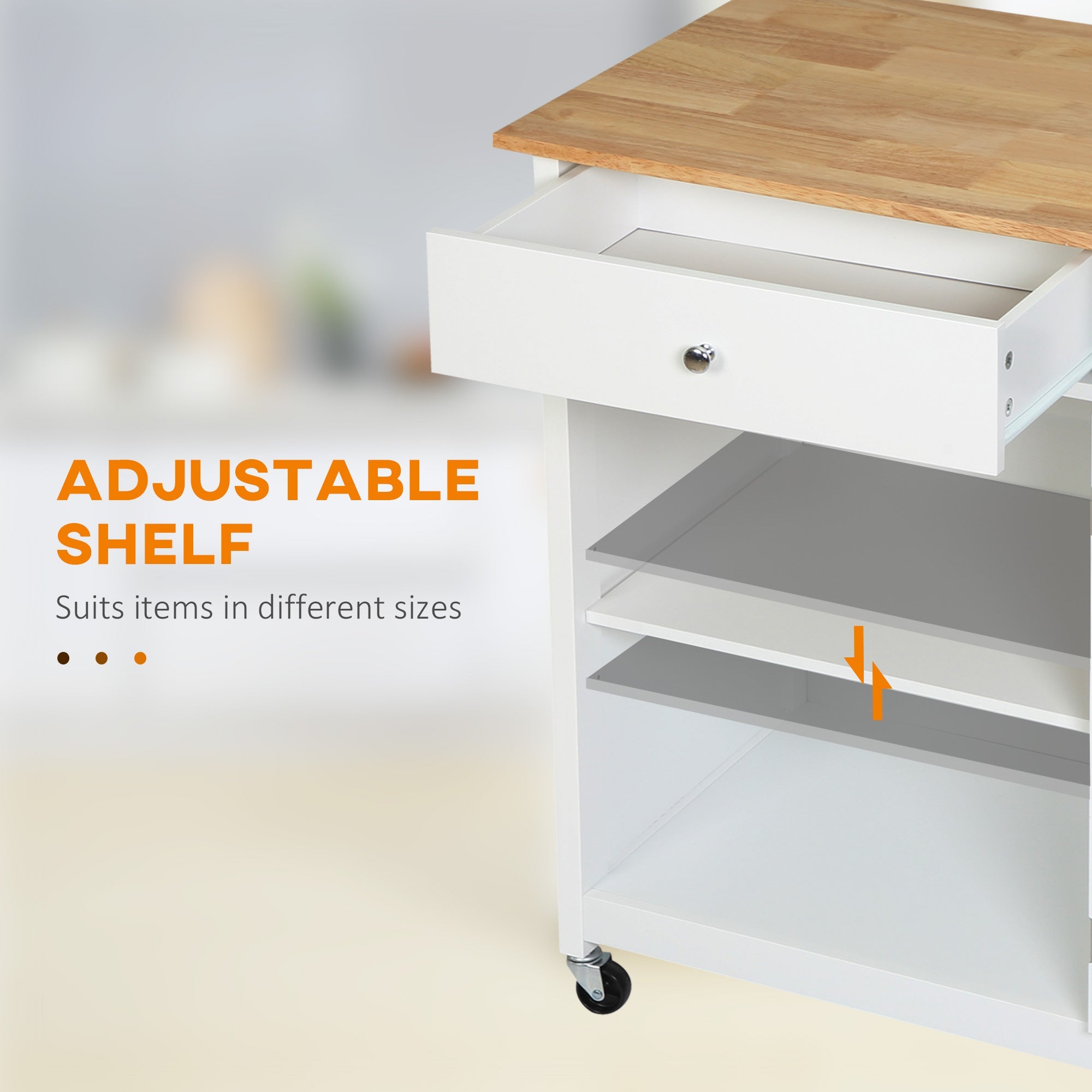 HOMCOM Kitchen Elegance: Rolling Cart Island with Drawer, Glass Door Cabinet, Towel Rack, White Finish 