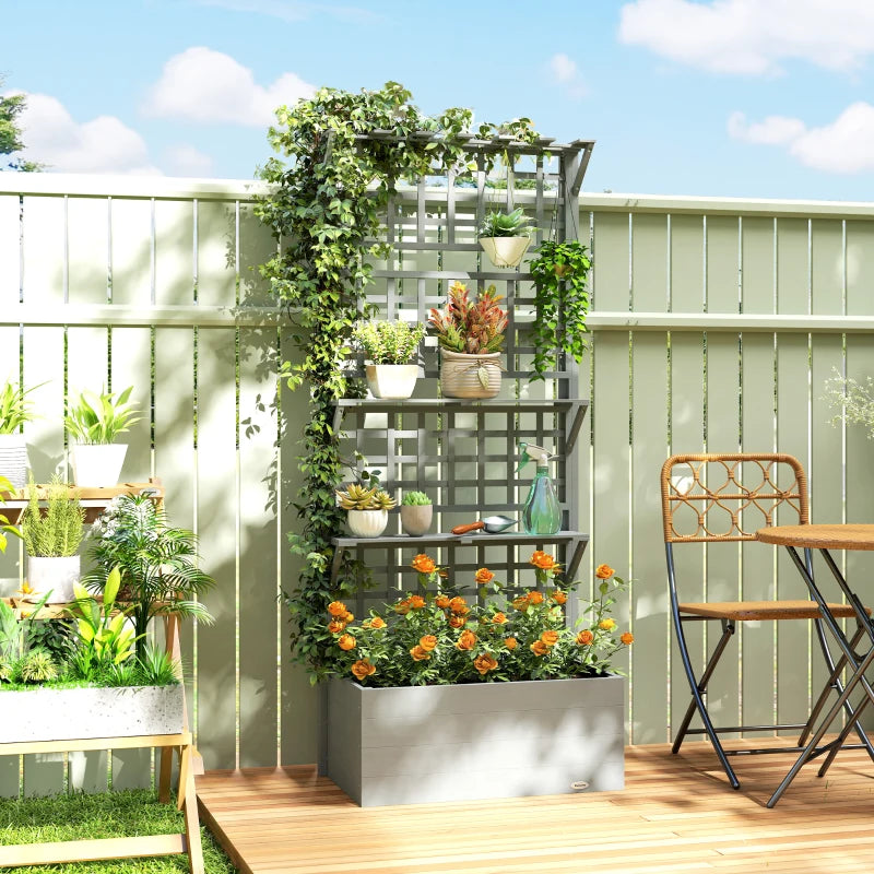 Wooden Raised Garden Bed with Trellis and Roof, Elevated Planter Box with 2 Shelves, Drainage Hole and Liner, Grey