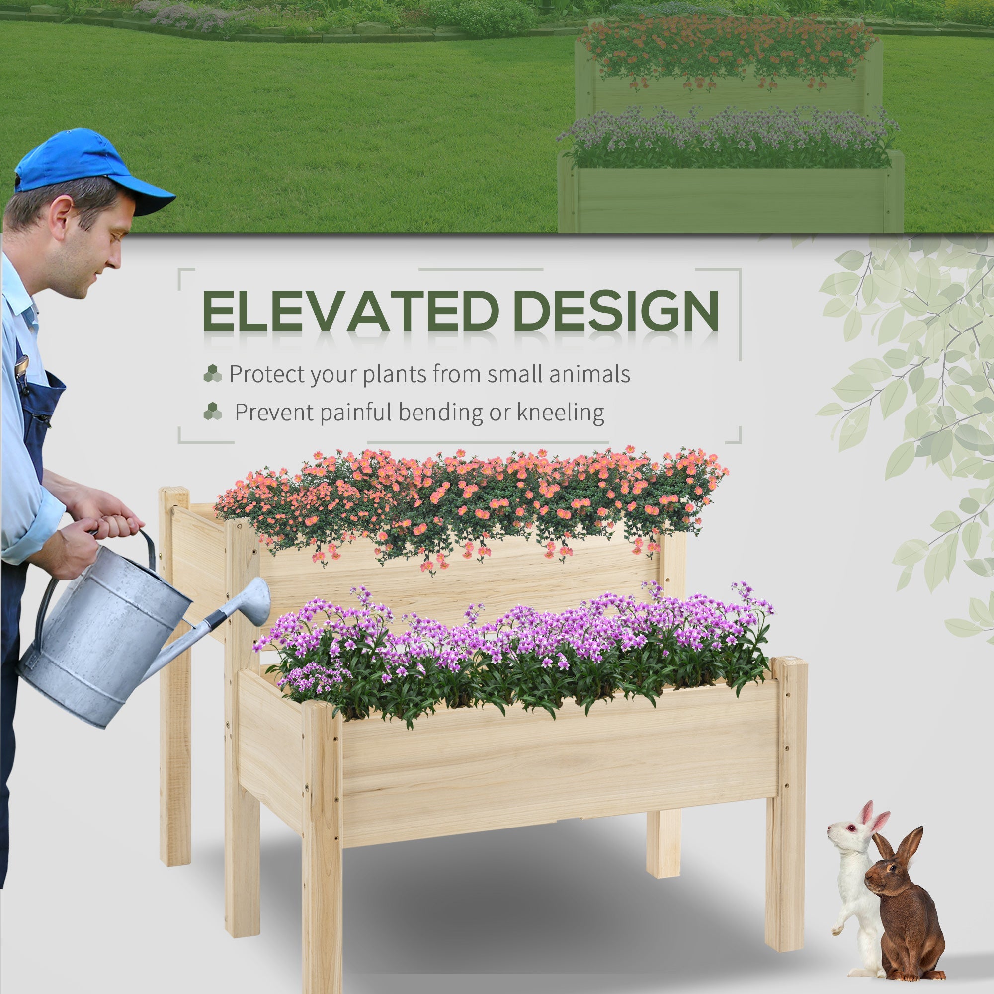 Outsunny 34"x34"x28" Wooden 2-Tier Raised Garden Bed Planter Box for Vegetables, Herbs, Flowers, Backyard, Patio, in Natural Wood 