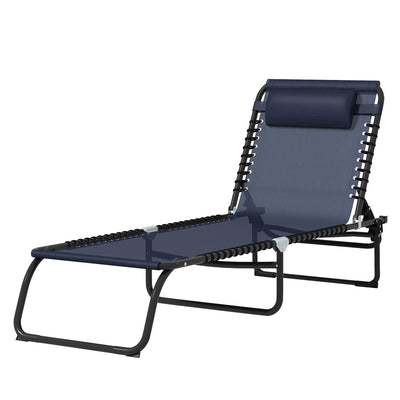 Outsunny Folding Lounge Chair, Adjustable Chaise Lounge with Headrest, Reclining Lounger Cot for Camping, Hiking, Dark Blue 