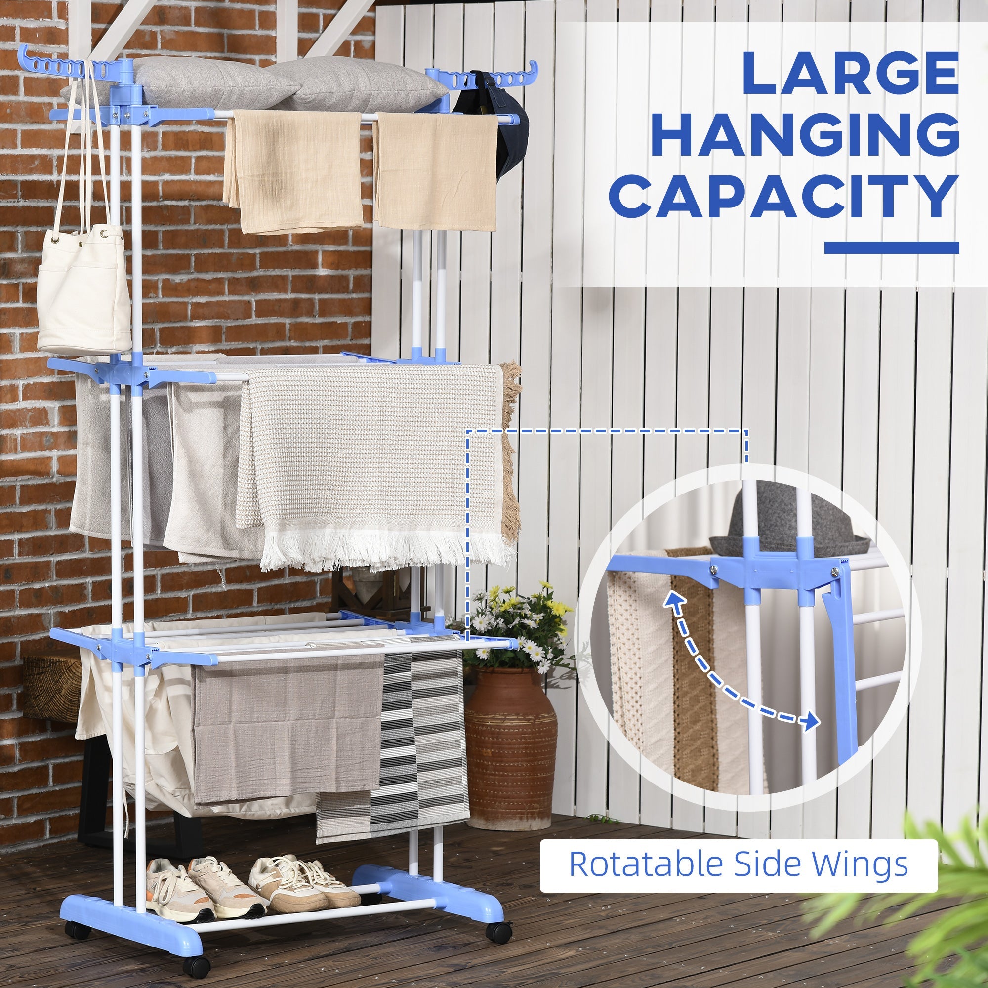 HOMCOM Foldable Clothes Drying Rack, 4-Tier Steel Laundry Racks for Drying Clothes with 2 Side Wings and 4 Castors,  Blue 