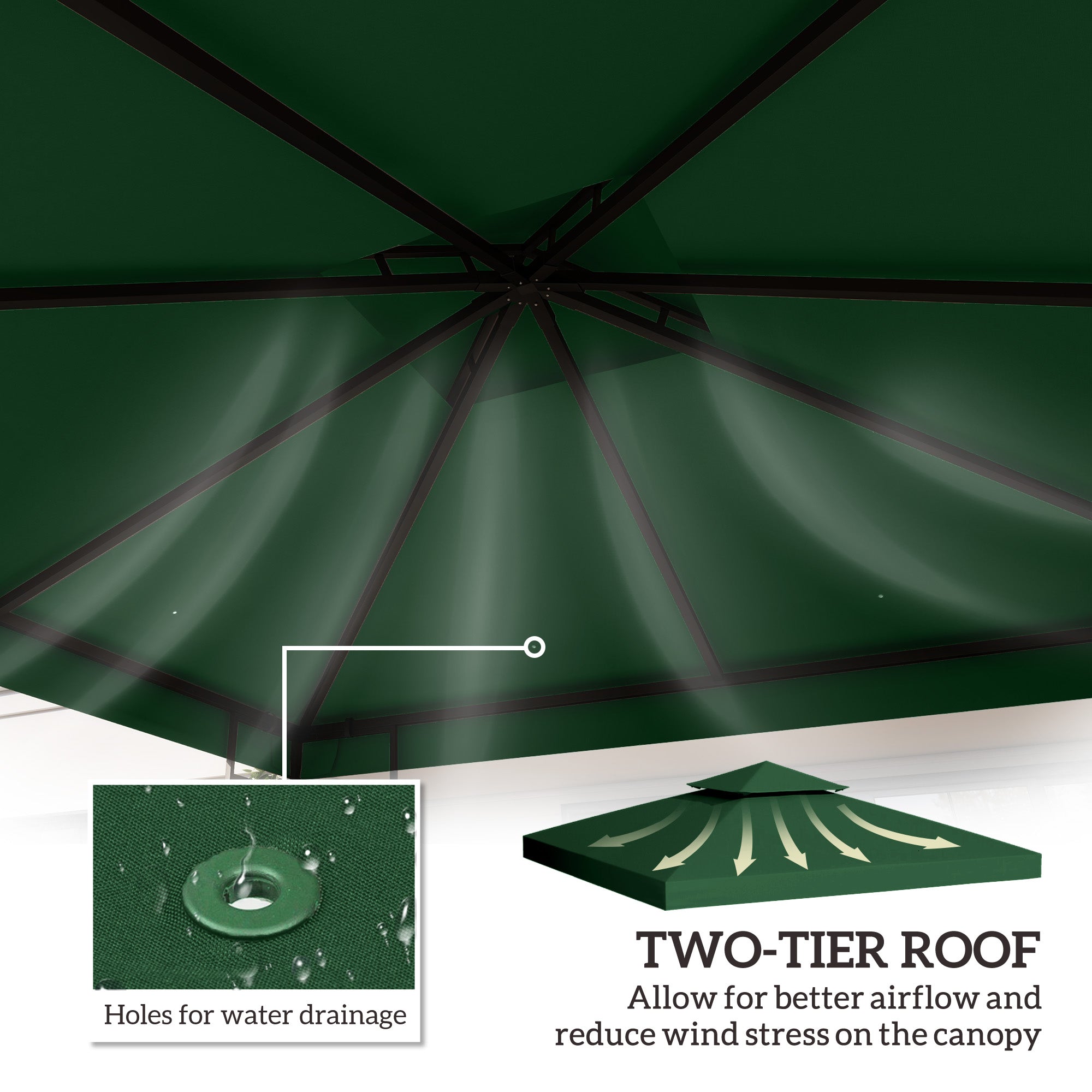 Outsunny 9.8' x 9.8' Square 2-Tier Gazebo Canopy Replacement Top Cover Outdoor Garden Sun Shade, Green 