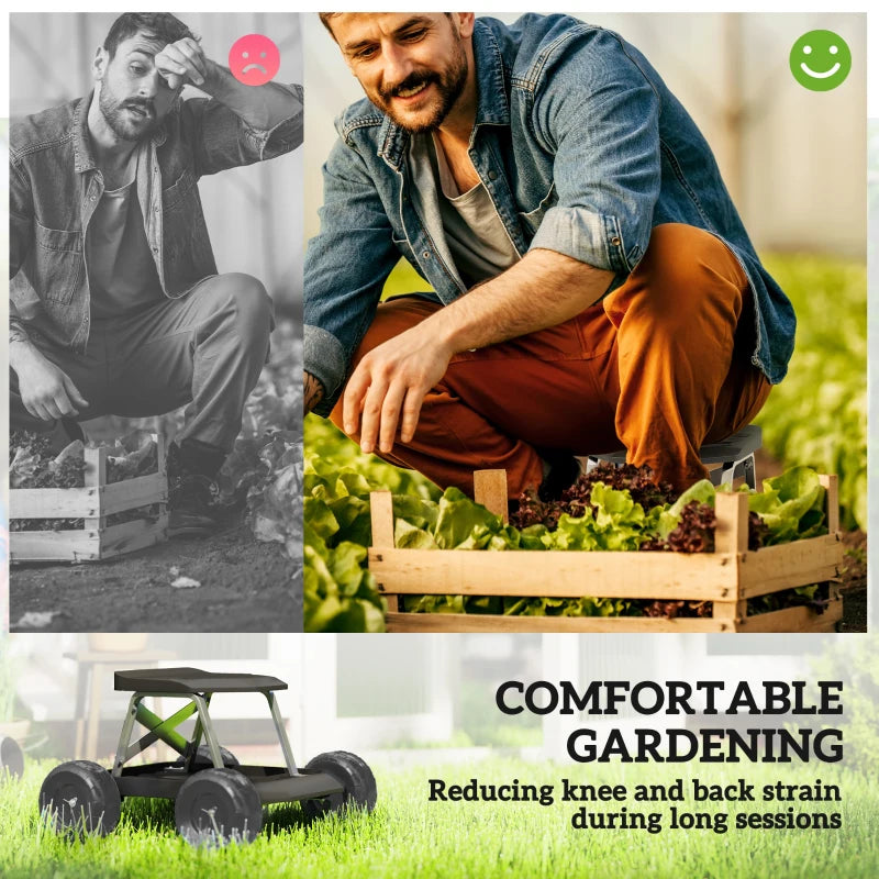 Garden Seat with Wheels, Rolling Garden Stool with Tool Tray, Cart for Outdoor Work, 19.7" x 19.3" x 12.6", Black