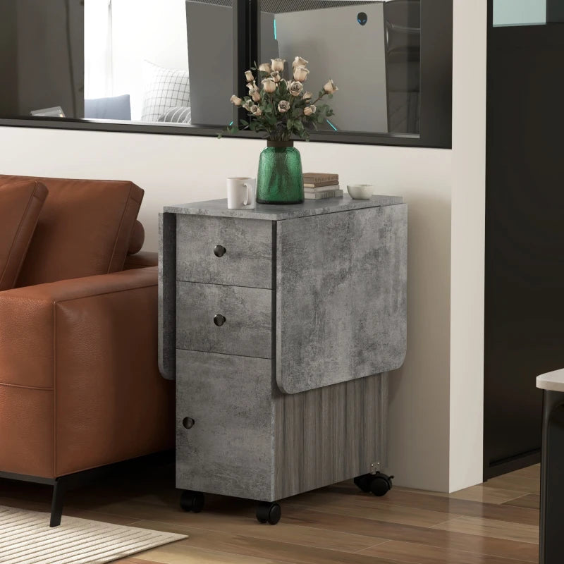 Drop Leaf Dining Table, Mobile Folding Table on Wheels with Drawers and Cabinet for Dining Room, Kitchen, Grey