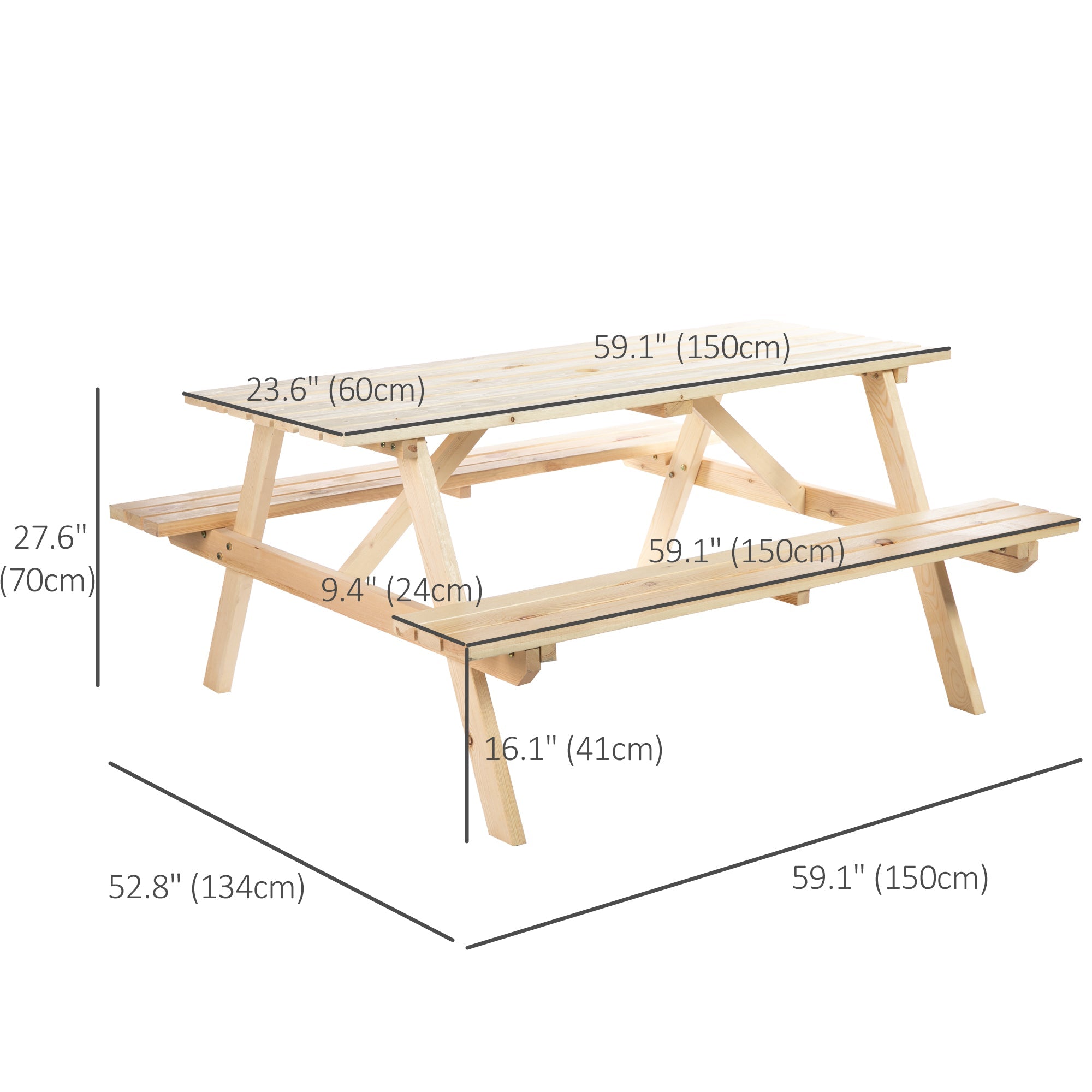 Outsunny Wood Picnic Table, Camping Table and Bench Set with Umbrella Hole for Outdoor, Garden, Patio, Backyard, Natural 