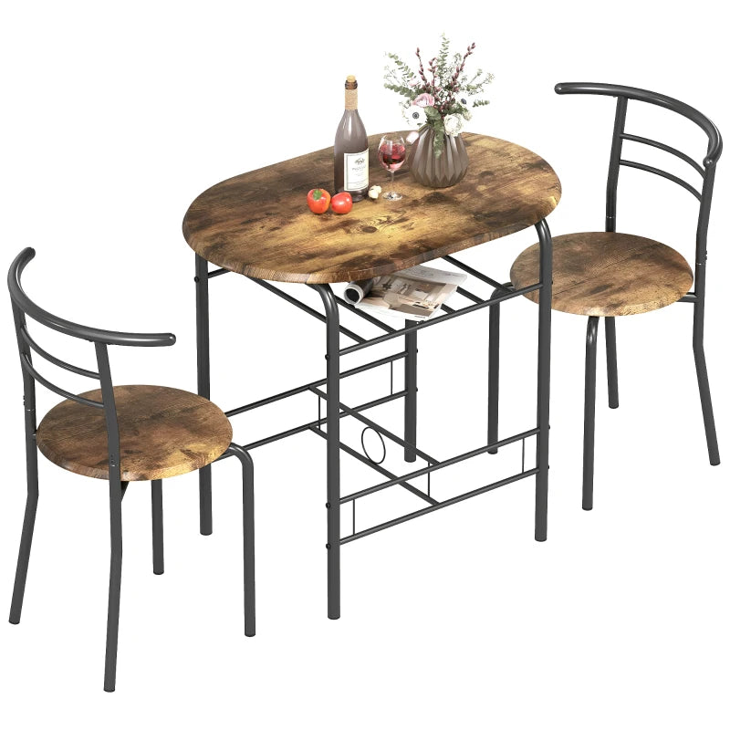 Dining Table Set of 3, Kitchen Table and Chairs Set for 2 with Shelf, Living Room Rustic Brown