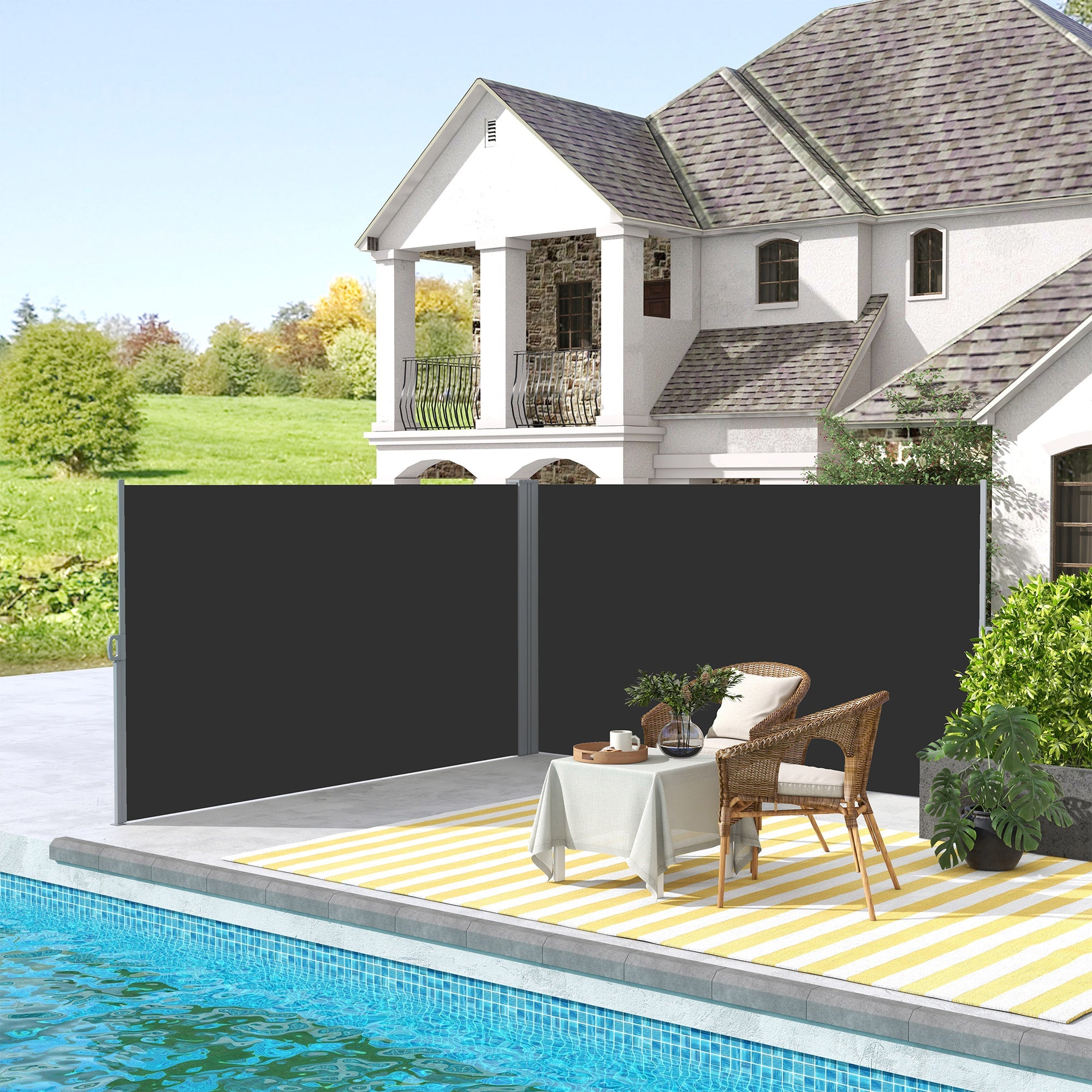 Outsunny 236" x 63" Outdoor Privacy Wall, Double Retractable Side Awning, Patio Screen for Garden, Balcony, Backyard, Black 