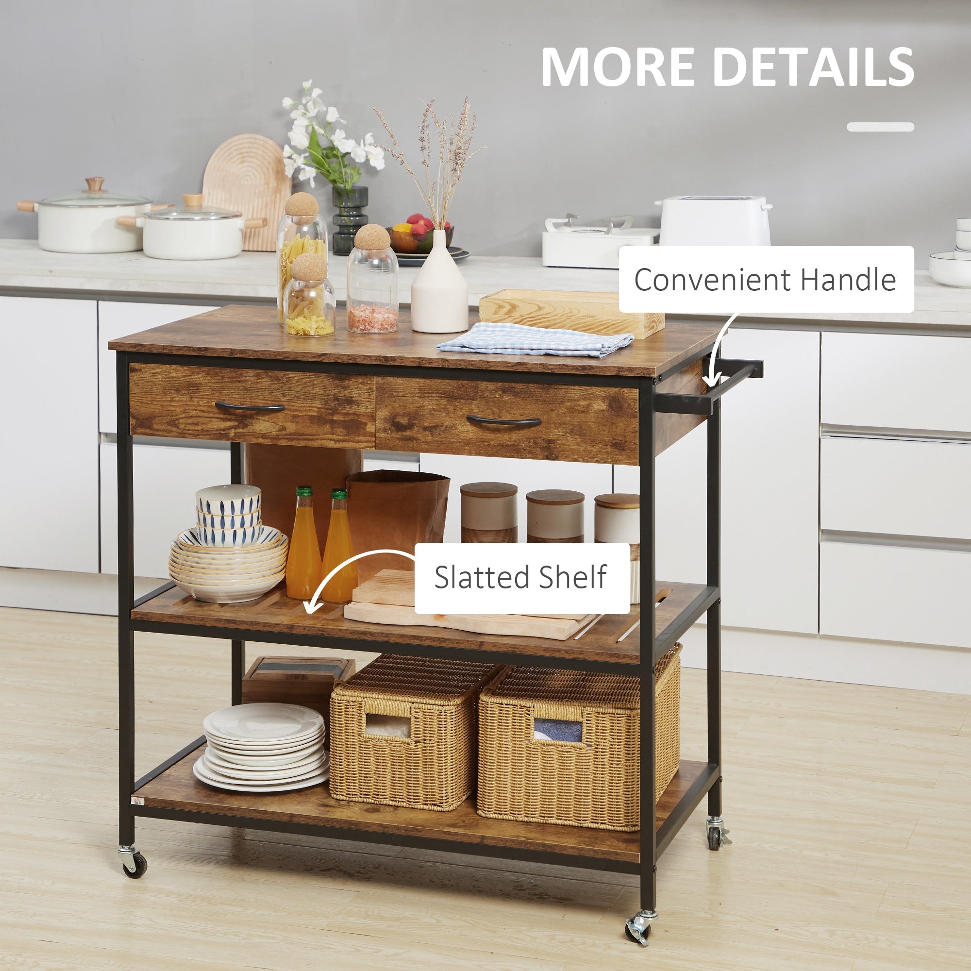 HOMCOM Industrial Ingenuity: Rolling Kitchen Island Cart with Drawers, Storage Shelves, Towel Rack, Rustic Brown Finish 