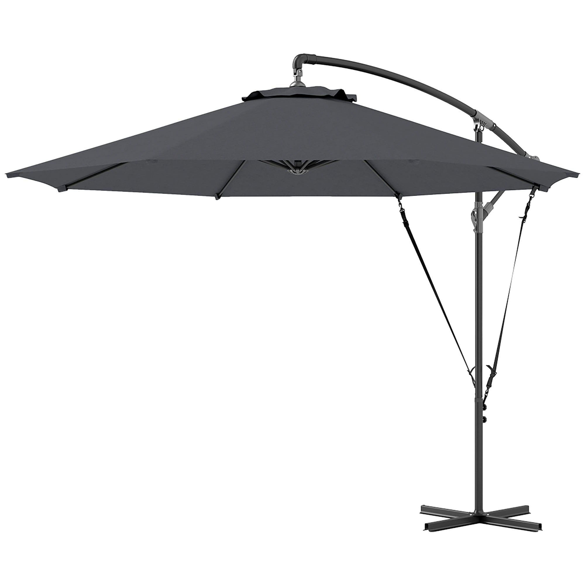 Outsunny 9.5' Cantilever Umbrella with Wind Protection Strap and Cover, Hanging Umbrella with Crank and Cross Base, UPF 50+, Grey 