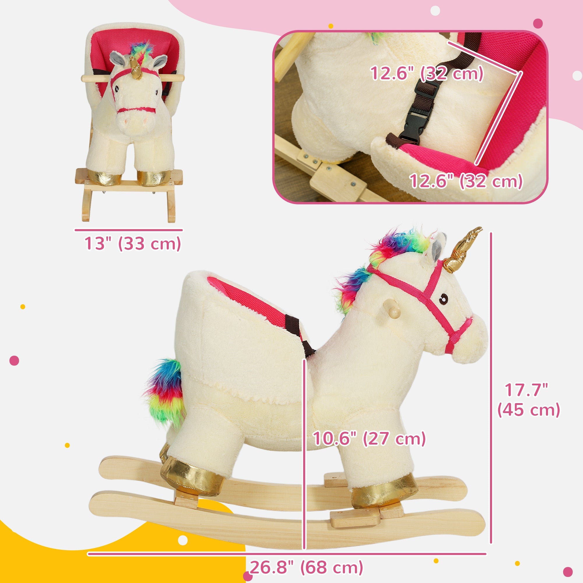 Qaba Rocking Horse Unicorn with Sound, Safety Belt, Wooden Base, for 18-36 Months 