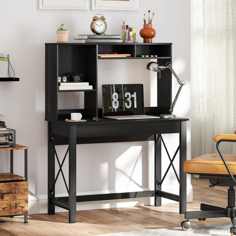 Computer Desk with Hutch, Home Office Table with Storage Shelves and Open Compartments for Writing, Work, Black