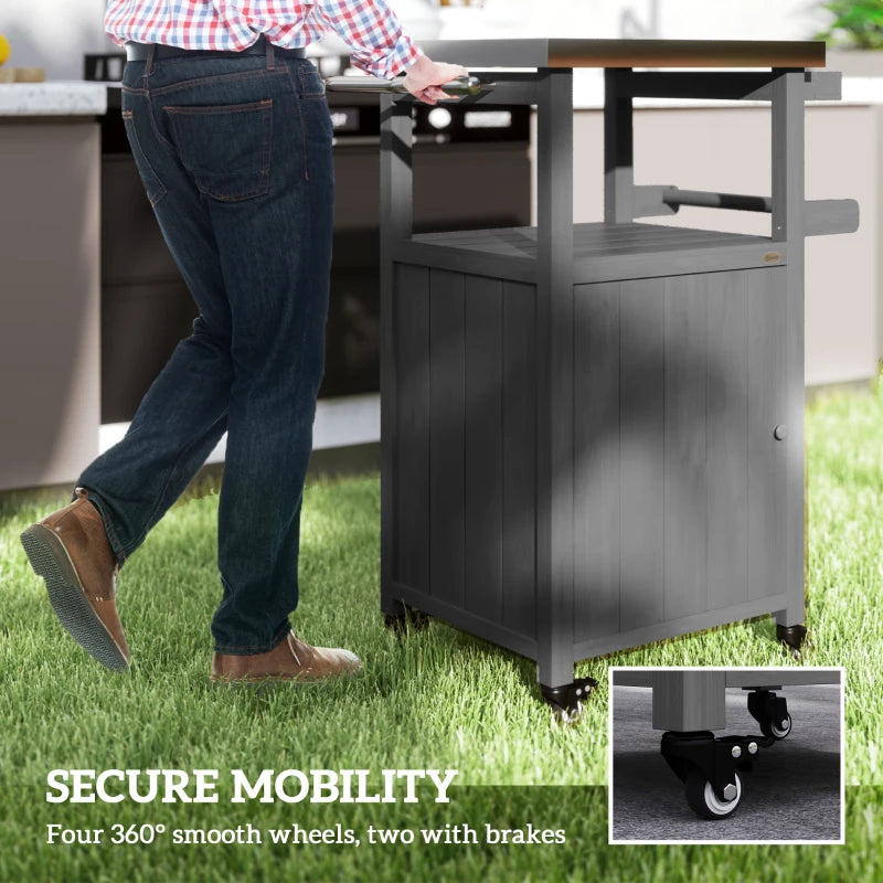 Grill Table with Stainless Steel Top, Pizza Oven Table with Storage Cabinet, Spice Rack, Wheels, Handle, Dark Grey