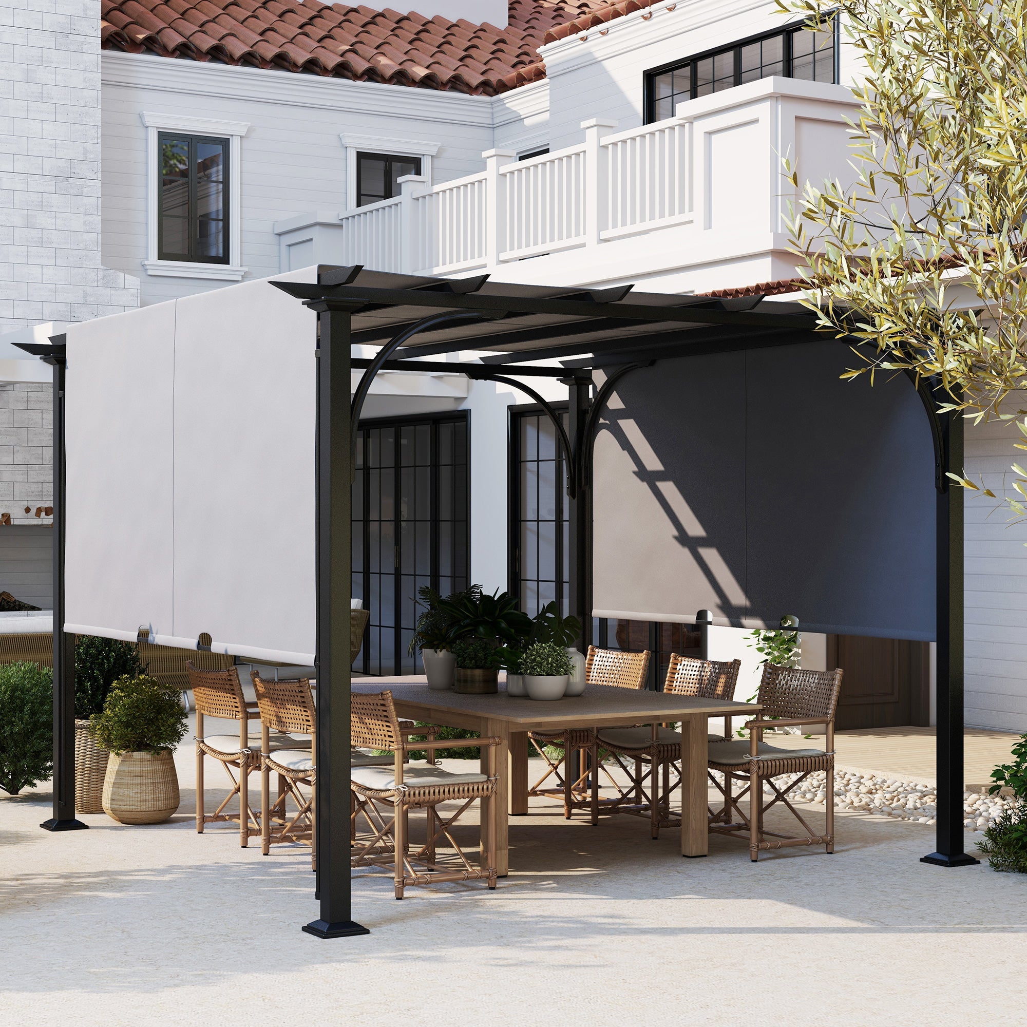 Outsunny Outdoor Pergola 10'x10', Patio Gazebo with Retractable Canopy, Steel Frame, Grey for Sun Shelter 