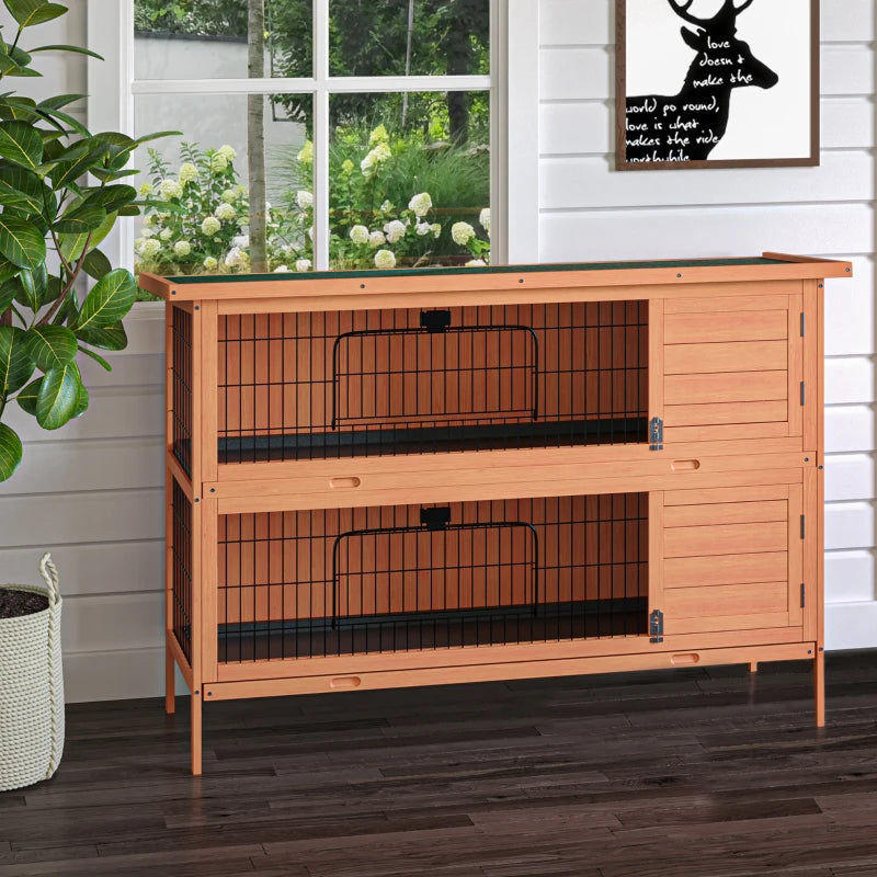 54"L 2-Story Large Rabbit Hutch Bunny Cage Wooden Pet House Small Animal Habitat with Lockable Doors, No Leak Tray and Waterproof Roof for Outdoor/Indoor Orange