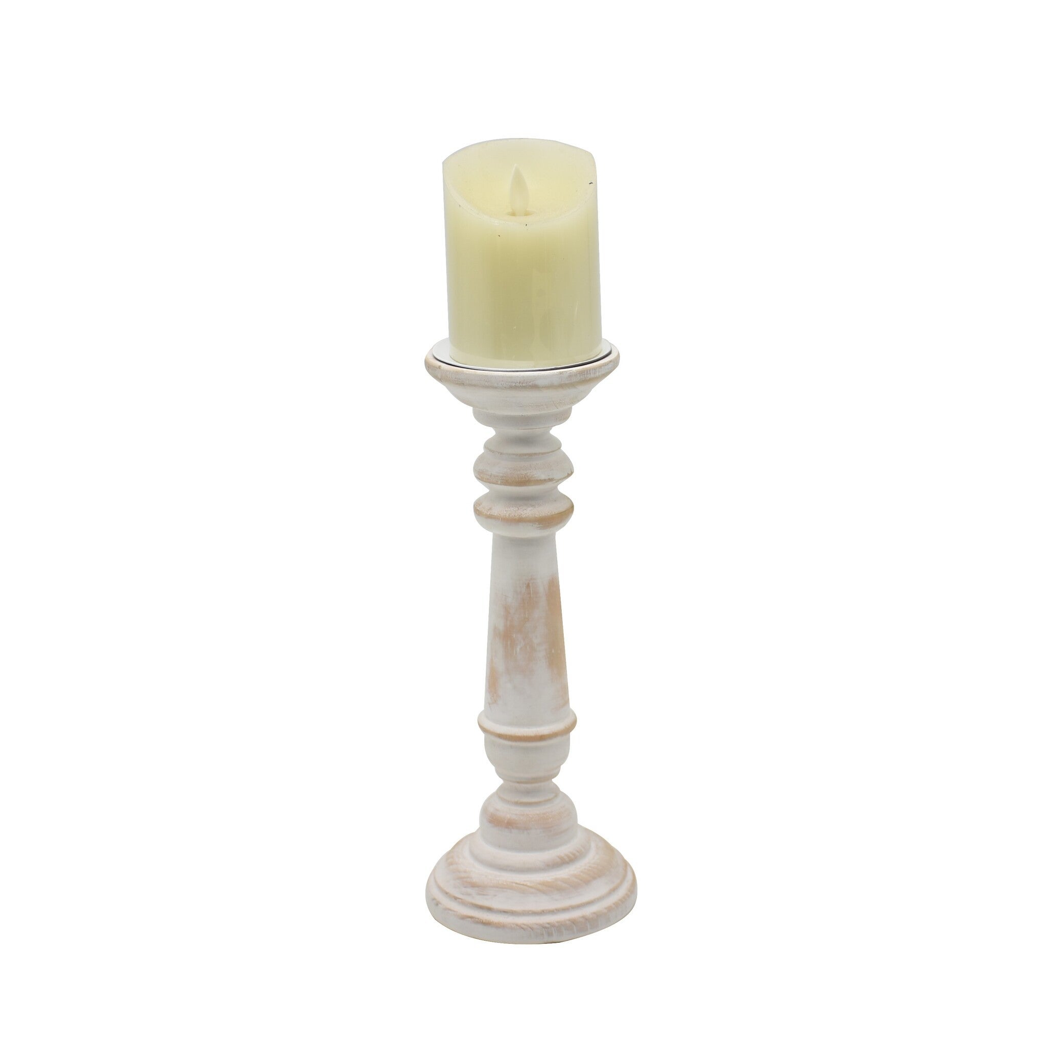 Round Wood Pillar Candle Holder, Antique White 