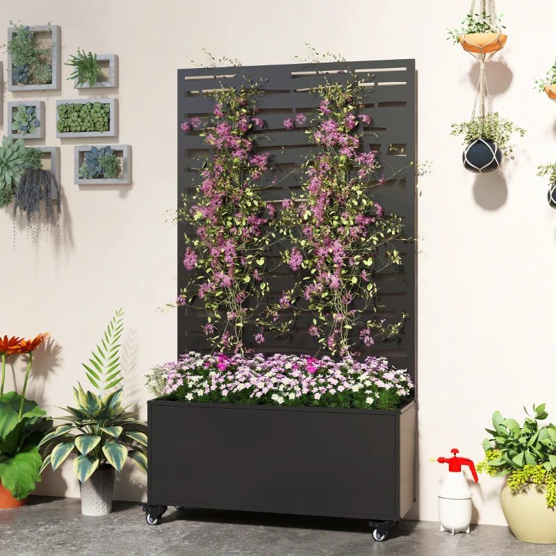 Metal Planter Box with Trellis, Raised Garden Bed with Twigs Slatted Cut-Out Privacy Screen and Wheels