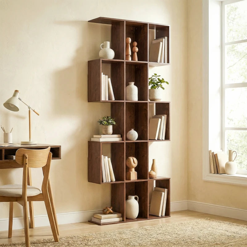 5-Tier Bookshelf, S Shaped Geometric Bookcase with 15 Compartments, Black Wood Grain