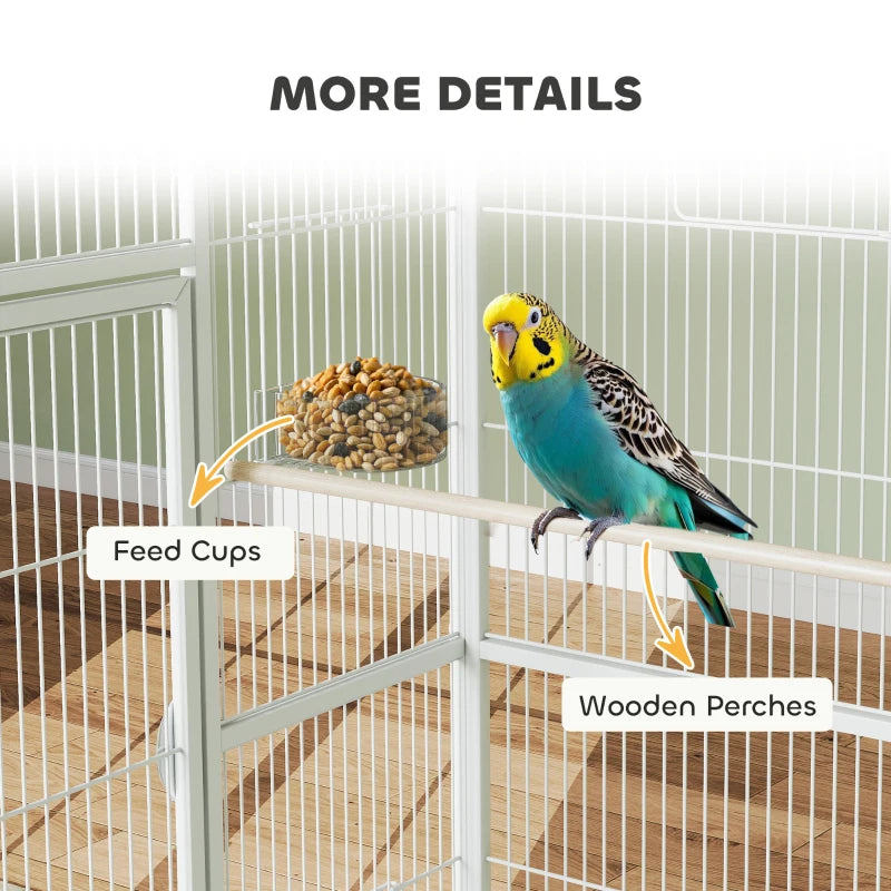 64" Large Rolling Bird Cage Bird House with Detachable Rolling Stand, Storage Shelf, Wood Perch Food Container, White