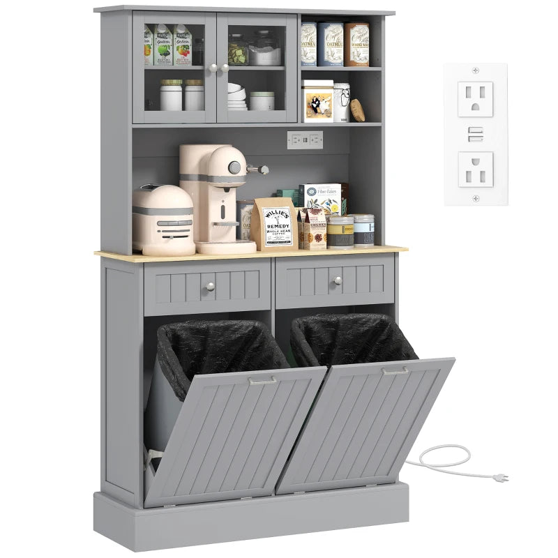 Kitchen Cabinet with Charging Station, 2 Tilt Out Cabinets, Microwave Stand, Freestanding Kitchen Pantry Cabinet, Grey