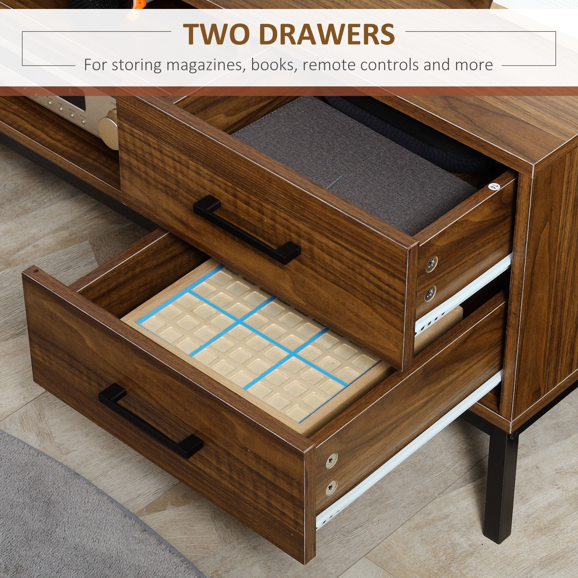 HOMCOM TV Stand: For 50" TVs, Entertainment Center with Door, Open Storage, Drawers, Steel Legs, Dark Walnut 
