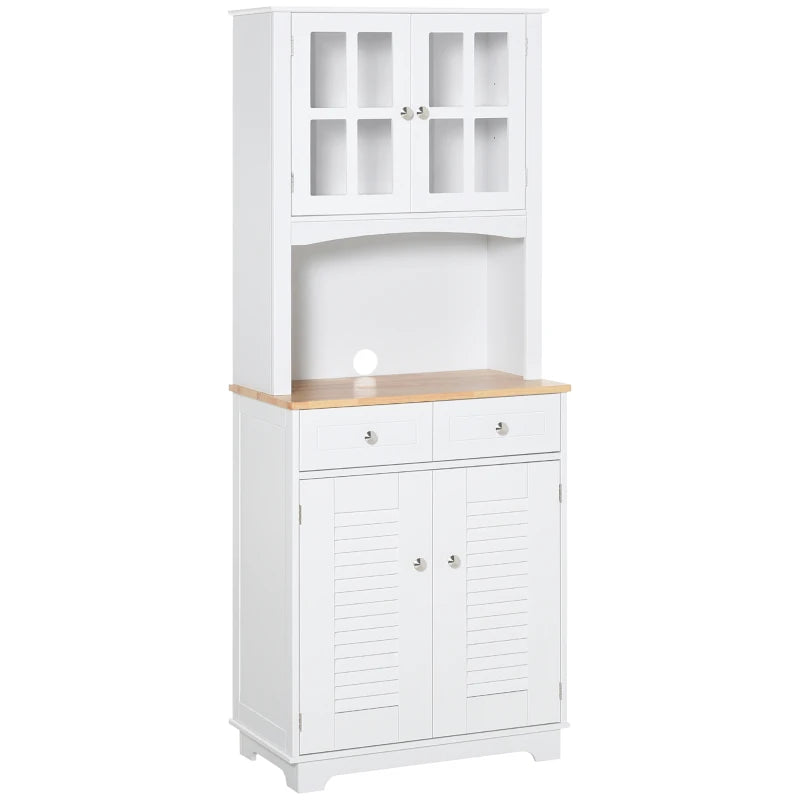 Coastal Style Kitchen Buffet and Hutch Wooden Storage Cupboard with Framed Glass Door LouveredCabinet  Drawers Microwave Space for Dining Room  Living Room  White