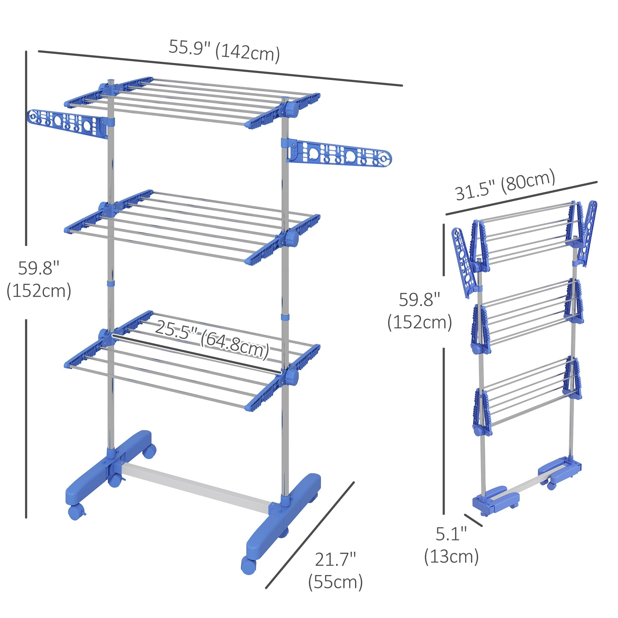 HOMCOM Clothes Drying Rack 3-Tier Stainless Steel Laundry Rack with Side Wings 6 Castors Blue 