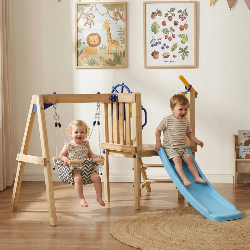 Wooden Kids Swing Set with Slide, Swing Seat, Captain's Wheel, Telescope, for Ages 18-48 Months, Natural