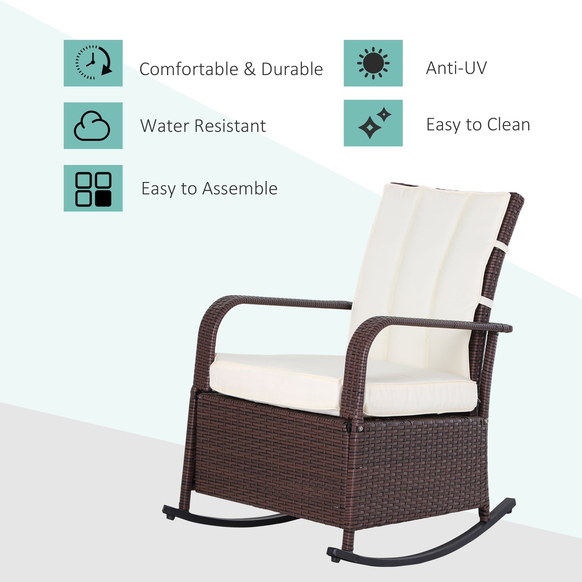 Outsunny Wicker Rocking Chair Outdoor with Cushion PE Rattan Recliner Adjustable Footrest Cream White 