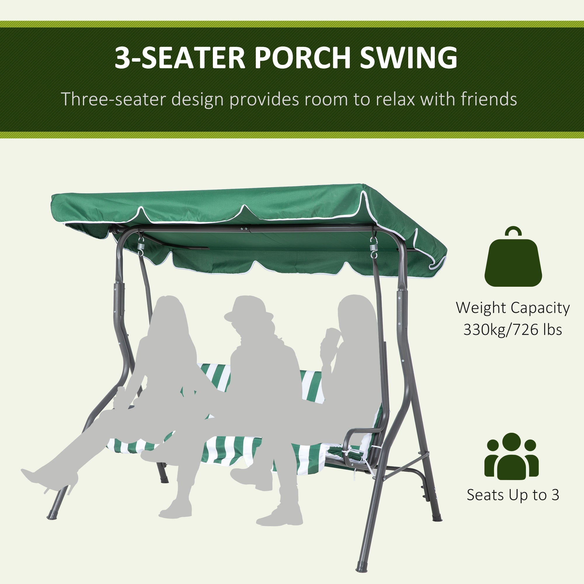 Outsunny 3-Seat Patio Swing Chair, Outdoor Porch Swing Glider with Adjustable Canopy, Removable Cushion, and Weather Resistant Steel Frame, for Garden, Poolside, Green & White 