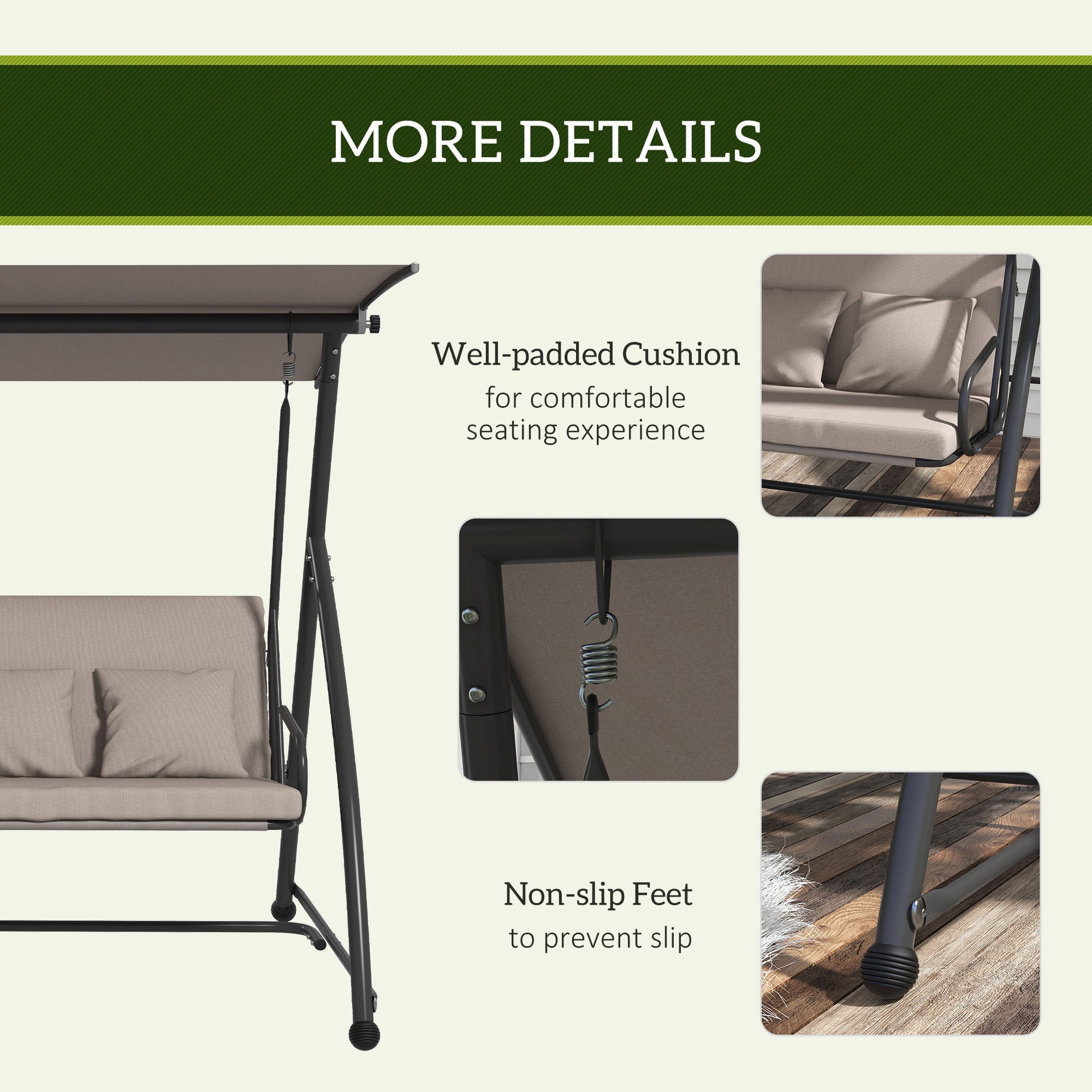 Outsunny 3 Seater Porch Swing Convertible Swing Chair Bed Cushioned Light Brown 