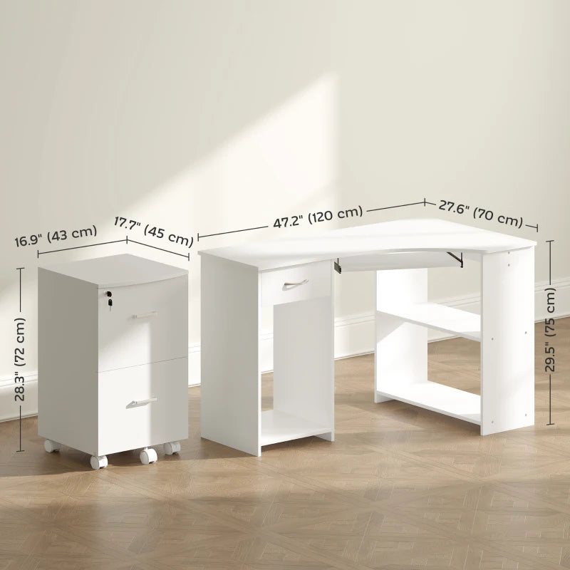 L-Shaped Computer Desk and File Cabinet Set for Bedroom, White