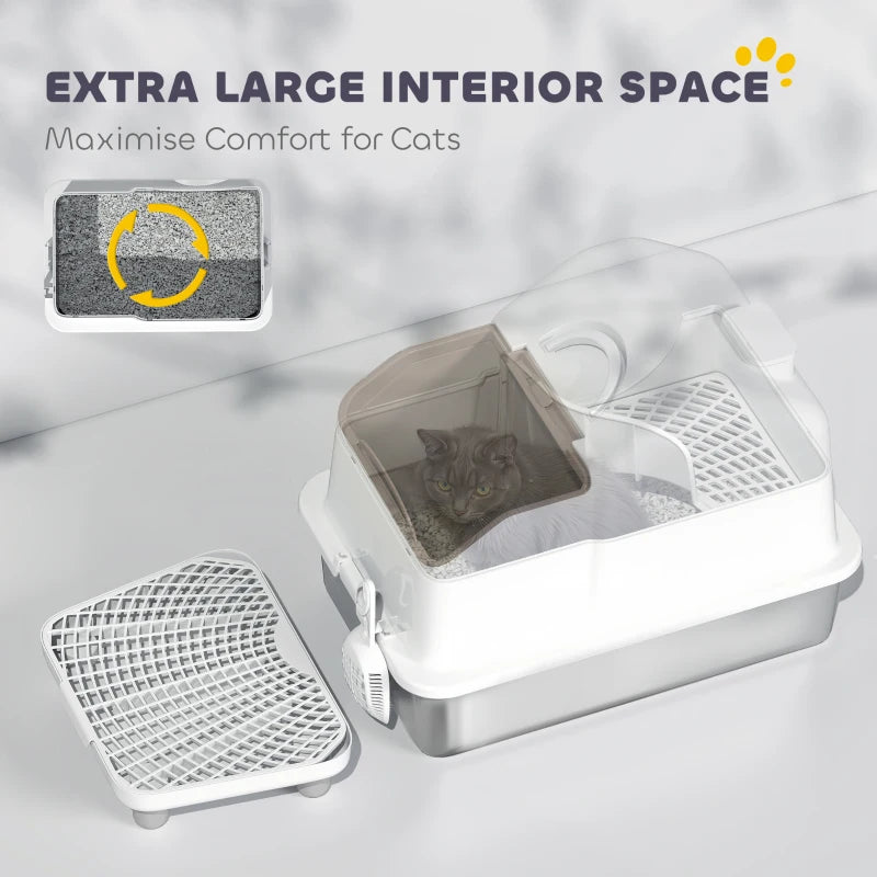 Extra Large Stainless Steel Cat Litter Box w/ High Sided, Removable Lid, Mats, Scoop, Odor Free, Non-Sticky, Leakproof
