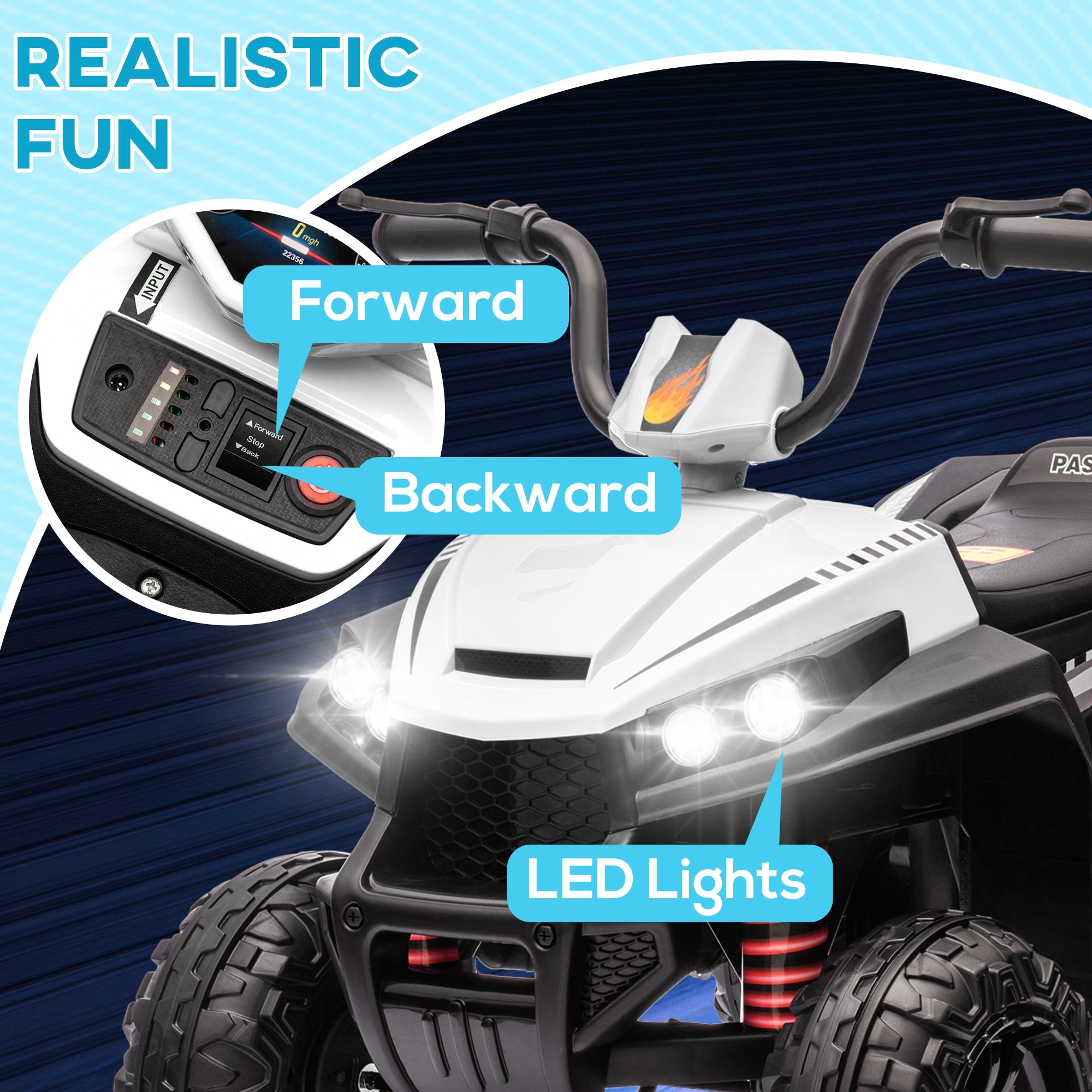 Qaba 12V Kids ATV with Four Wheels Spring Suspension, Forward & Backward, LED Light, MP3, Music, White 