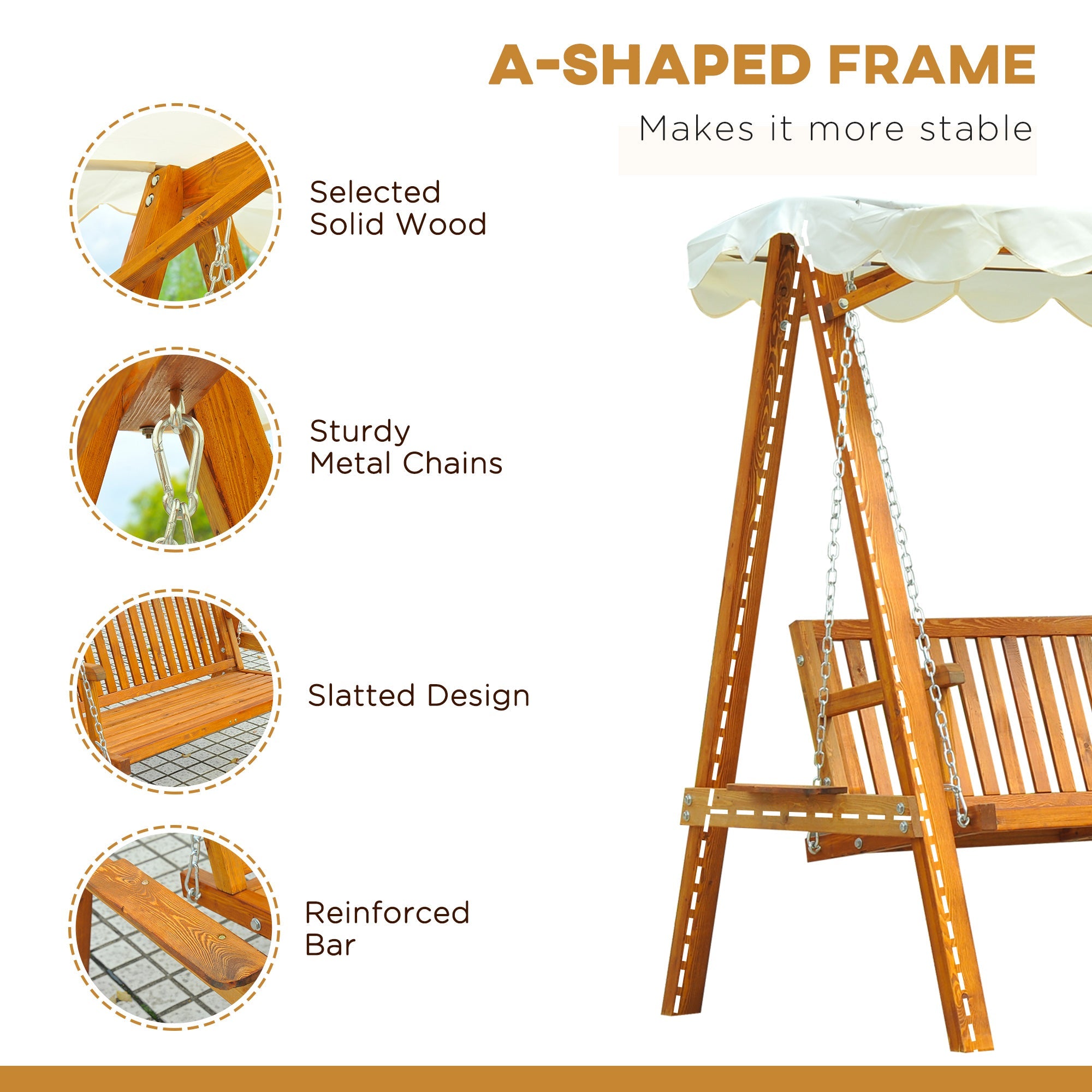 Outsunny 65" Patio Swing Chair with Canopy Outdoor Wooden Swing Bench Hammock for Garden, Poolside, Backyard 
