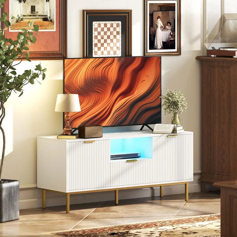 Modern TV Console for TVs up to 50 Inch, Entertainment Center with Smart RGB LED Lights and Soft Close Doors, White