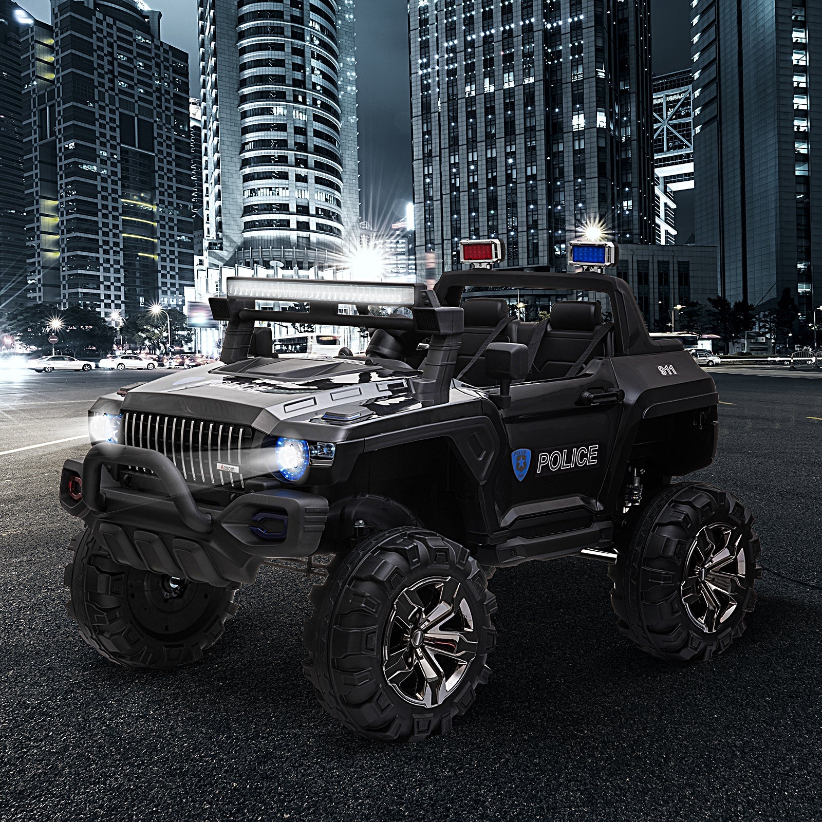 Aosom 12V Kids Police Truck Ride-On Car RC 2-Seater with LED Lights MP3 Parental Remote Control Black 