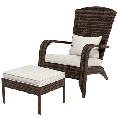 Outsunny Wicker Adirondack Chair with Ottoman, Patio Cushioned Muskoka Chair with Armrests Brown/Cream White 
