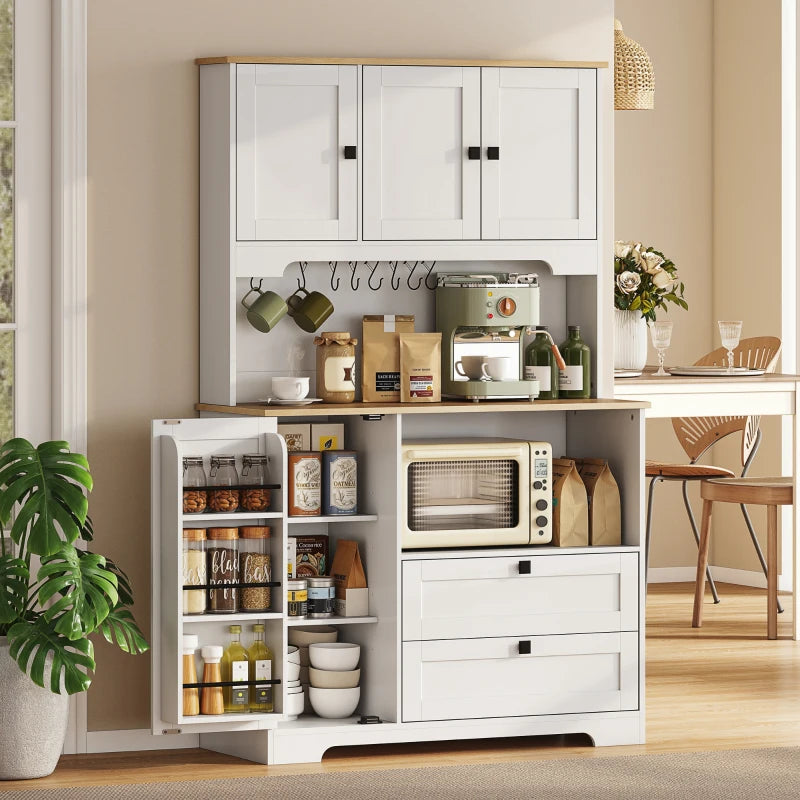 Kitchen Pantry Cabinet, 64" Tall Kitchen Hutch with 3 Cabinets, 2 Drawers, Adjustable Shelves, Microwave Stand, White