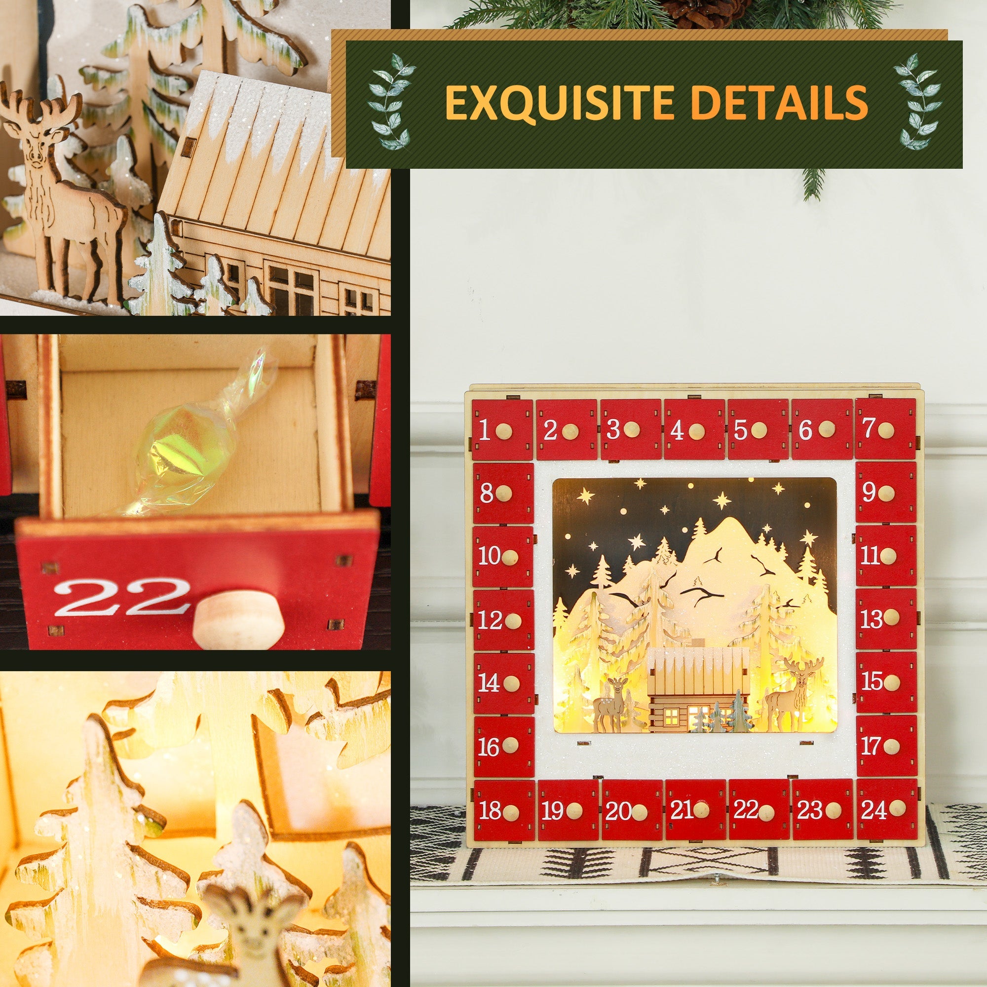 HOMCOM Wooden Christmas Advent Calendar, Light Up Holiday Decoration with 24 Countdown Drawers, Battery Operated 