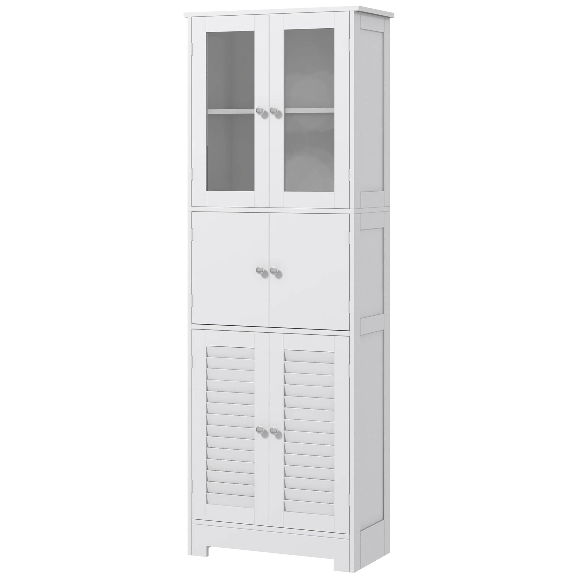 HOMCOM Freestanding Bathroom Cabinet Glass Louvred Doors Tall Cupboard Kitchen Study Living Room Storage Furniture White 