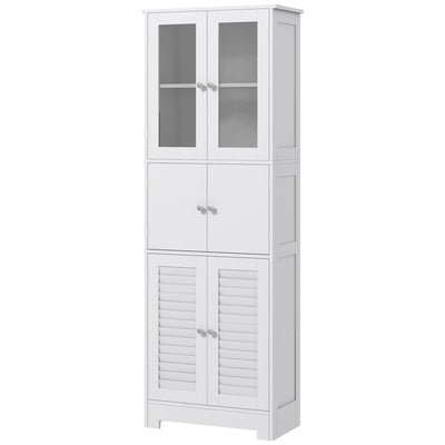HOMCOM Freestanding Bathroom Cabinet Glass Louvred Doors Tall Cupboard Kitchen Study Living Room Storage Furniture White 