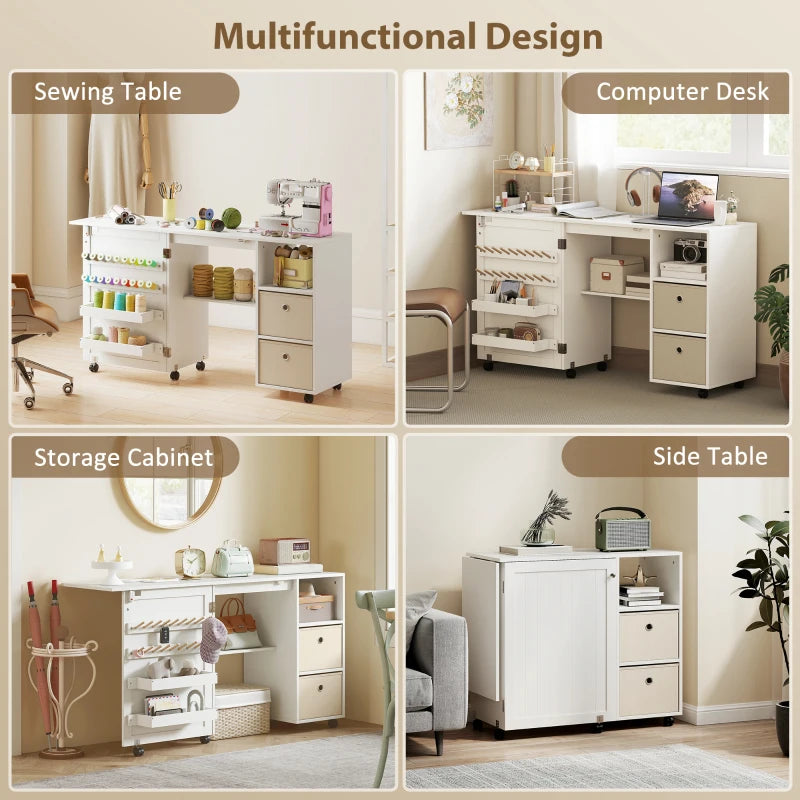 Rolling Sewing Machine Table with Power Outlet, Folding Craft Table with 2 Fabric Drawers, 2 Bins and 18 Pegs, White