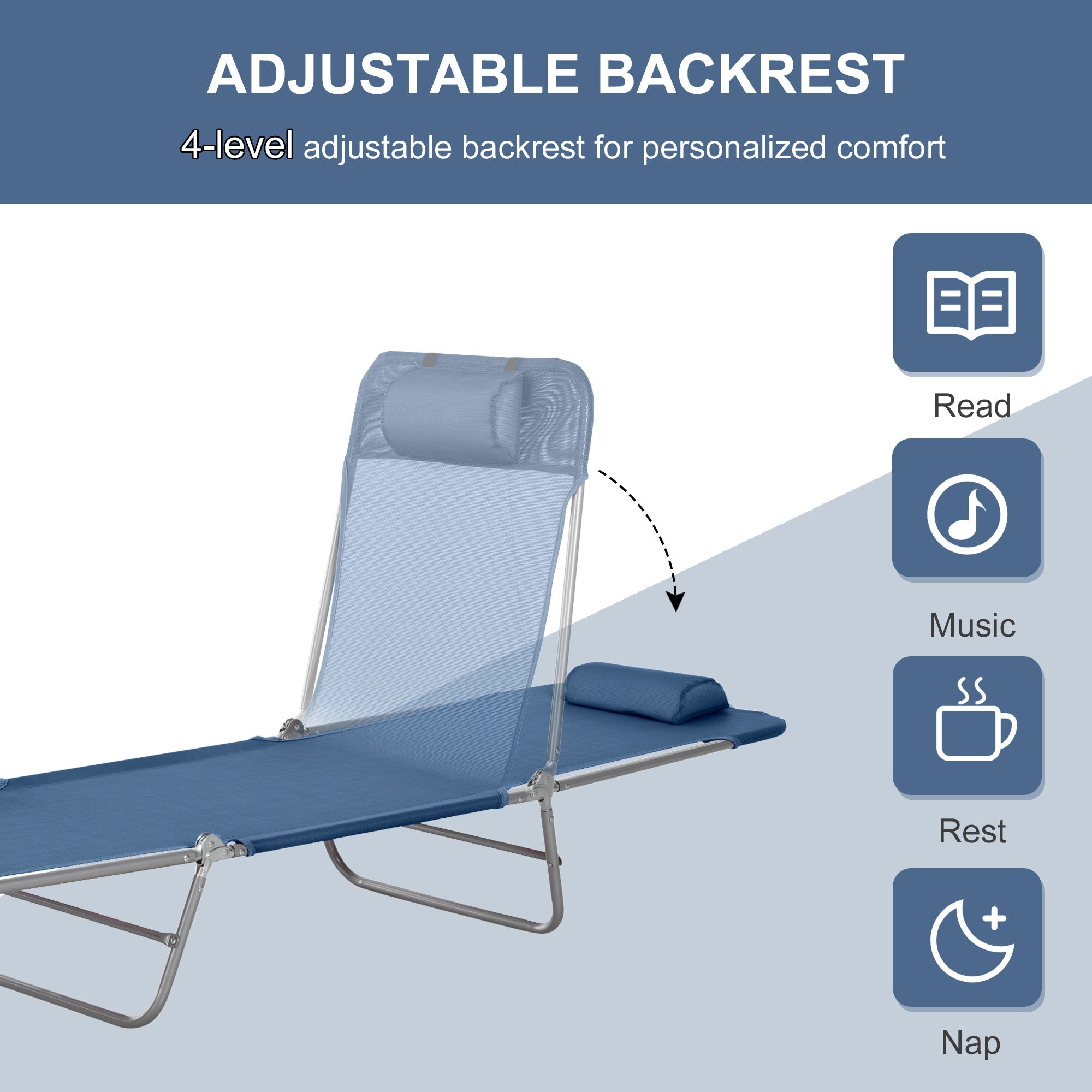Outsunny Outdoor Lounge Chair, Portable Adjustable Reclining Seat Folding Chaise Lounge Patio Camping Beach Tanning Chair Bed with Pillow, Dark Blue 