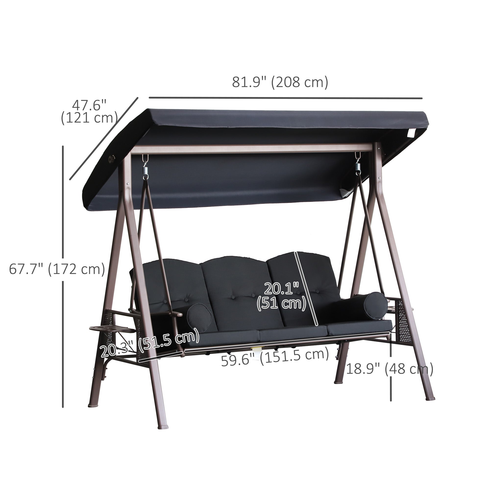 Outsunny 3-Person Porch Swing Chair Heavy Duty Outdoor Lounge Hammock with Cushioned Seat and Tilt Canopy Black 