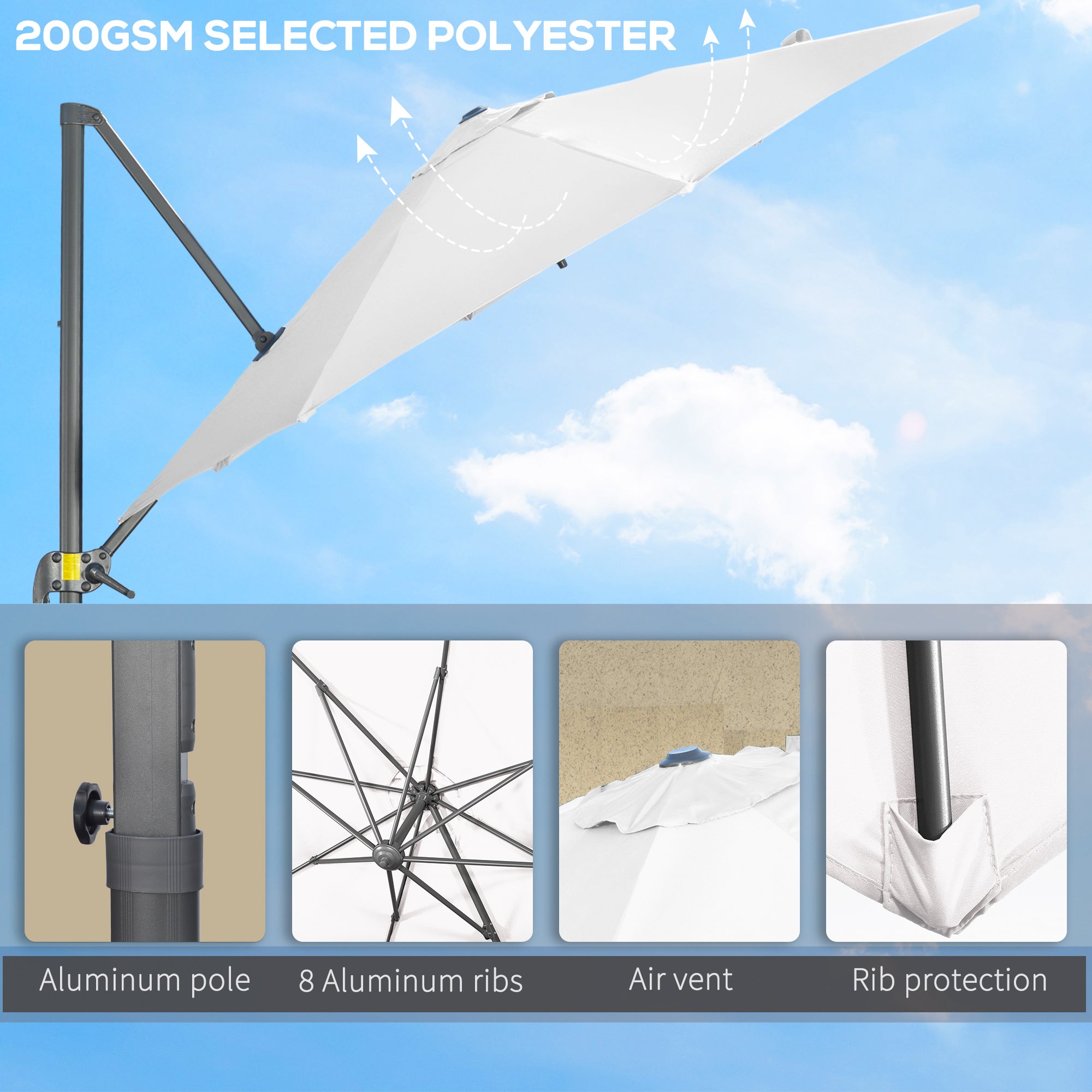Outsunny Offset Patio Umbrella: 10ft Cantilever Sun Shade Cross Base 361° Rotation White Poles 